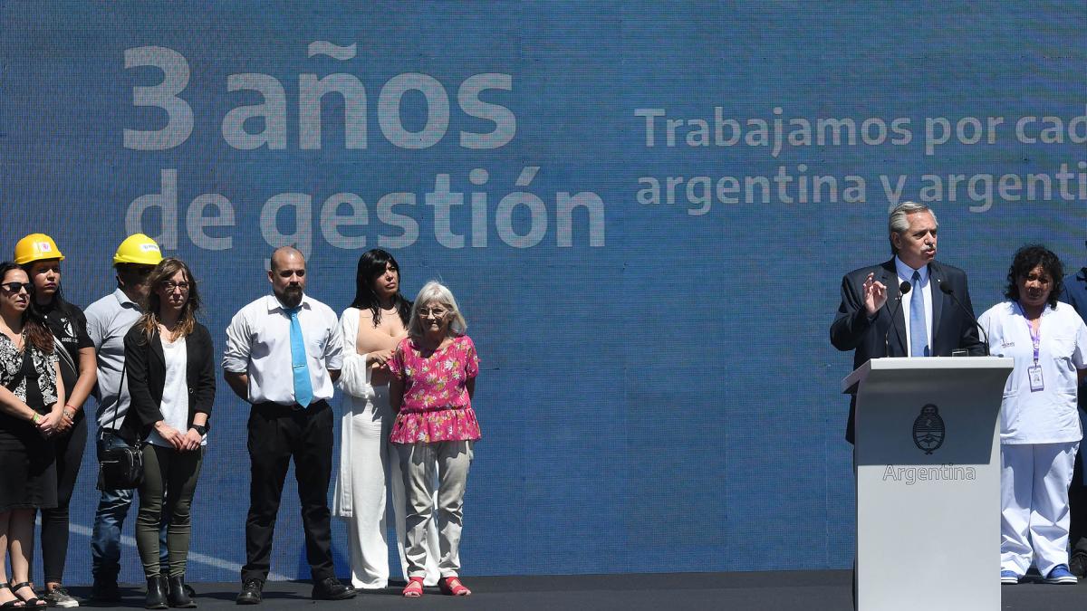 El presidente Alberto Fernández durante una celebración por sus tres años de gestión de Gobierno.