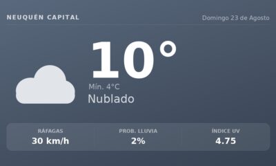 Clima en Neuquén Capital del Domingo 23 de Agosto: máxima de 10.5°C y cielo nublado
