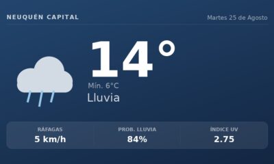 Clima en Neuquén Capital del Martes 25 de Agosto: máxima de 14.1°C y cielo llovizna leve