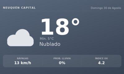 Clima en Neuquén Capital del Domingo 30 de Agosto: máxima de 17.6°C y cielo nublado