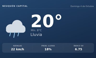 Clima en Neuquén Capital del Domingo 4 de Octubre: máxima de 20.2°C y cielo llovizna leve