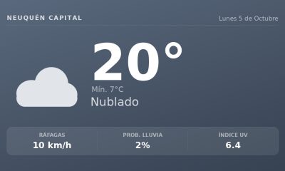 Clima en Neuquén Capital del Lunes 5 de Octubre: máxima de 20.3°C y cielo nublado