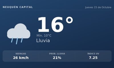 Clima en Neuquén Capital del Jueves 15 de Octubre: máxima de 16.5°C y cielo llovizna leve