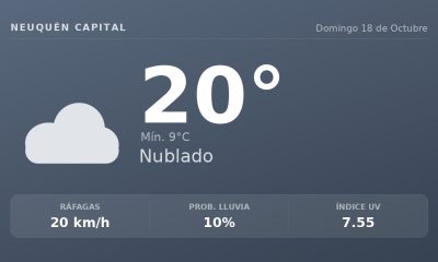 Clima en Neuquén Capital del Domingo 18 de Octubre: máxima de 19.6°C y cielo nublado