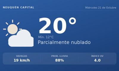 Clima en Neuquén Capital del Miércoles 21 de Octubre: máxima de 20.2°C y cielo variable