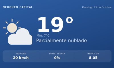 Clima en Neuquén Capital del Domingo 25 de Octubre: máxima de 18.8°C y cielo mayormente despejado