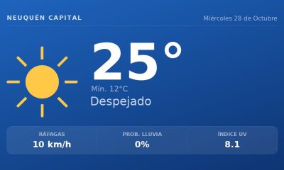 Clima en Neuquén Capital del Miércoles 28 de Octubre: máxima de 25.0°C y cielo despejado