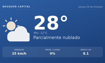 Clima en Neuquén Capital del Jueves 29 de Octubre: máxima de 27.7°C y cielo mayormente despejado