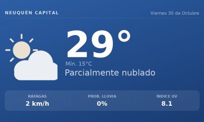 Clima en Neuquén Capital del Viernes 30 de Octubre: máxima de 29.3°C y cielo parcialmente nublado